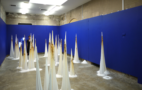 Tracey Clement, Post-Premonitionism 2, 2014-15, salt, rusty steel, cotton, dimensions variable, max height 1.8m.