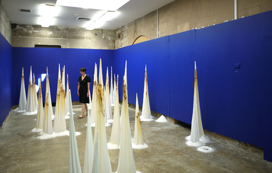 Tracey Clement, Post-Premonitionism 2, 2014-15, salt, rusty steel, cotton, dimensions variable, max height 1.8m.