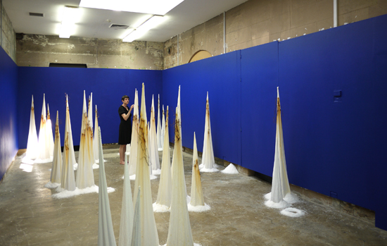 Tracey Clement, Post-Premonitionism 2, 2014-15, salt, rusty steel, cotton, dimensions variable, max height 1.8m.