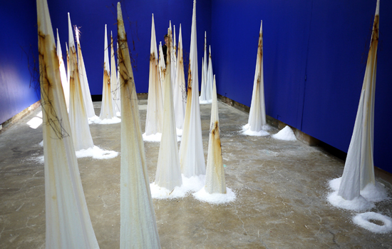 Tracey Clement, Post-Premonitionism 2, 2014-15, salt, rusty steel, cotton, dimensions variable, max height 1.8m.