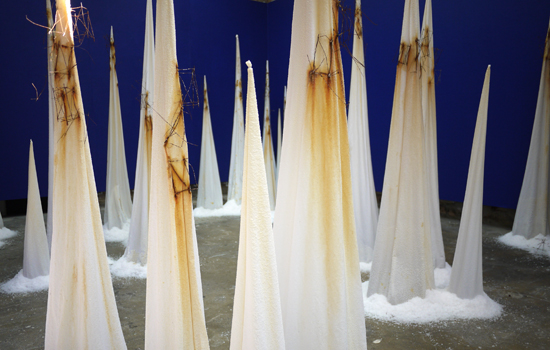 Tracey Clement, Post-Premonitionism 2, 2014-15, salt, rusty steel, cotton, dimensions variable, max height 1.8m.