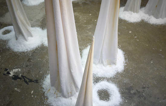 Tracey Clement, Post-Premonitionism 2, 2014-15, salt, rusty steel, cotton, dimensions variable, max height 1.8m.
