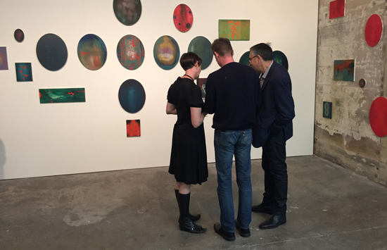 Tracey Clement, Jon Cattapan and Domink Mersch with Jon's work. Photo: Peter Burgess.