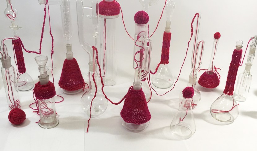 Tracey Clement, 'Soft Science City I,' 2018, laboratory glass and knitted acrylic, dimensions variable, max height 50cm.