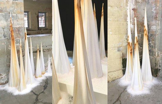 Tracey Clement, "equium tumulus sali multiplex," 2018, salt, cotton, mild steel, multiple locations throughout the gallery, dimensions variable, max height 180 cm.